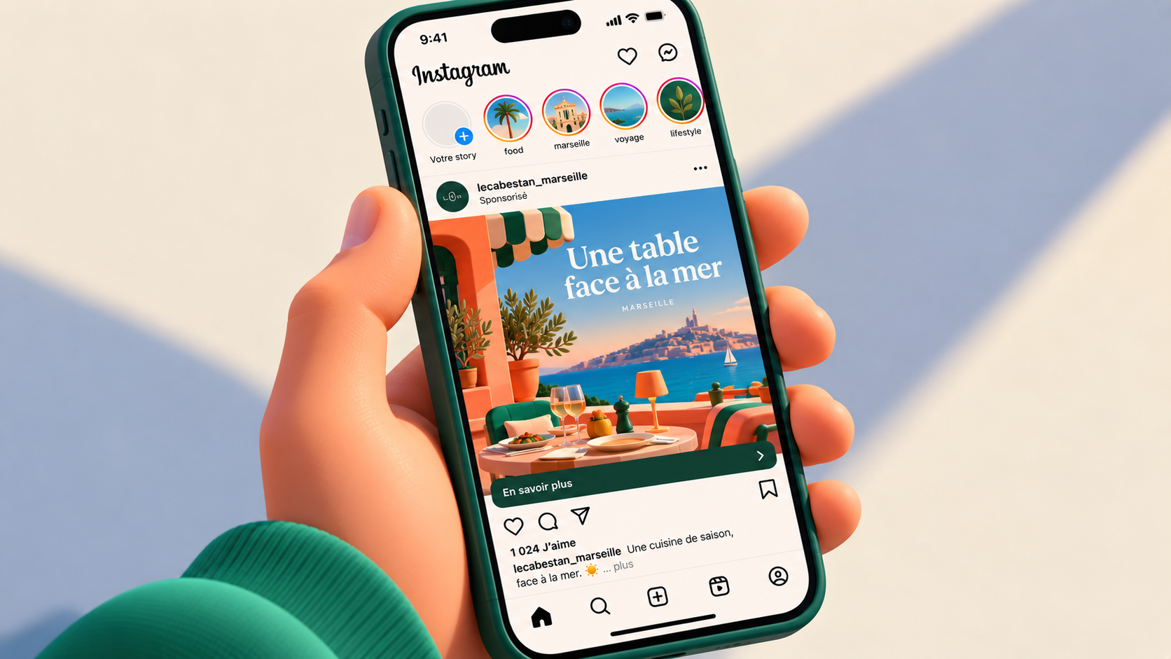 Smartphone affichant une publicité sponsorisée Instagram pour un restaurant avec vue sur la mer à Marseille